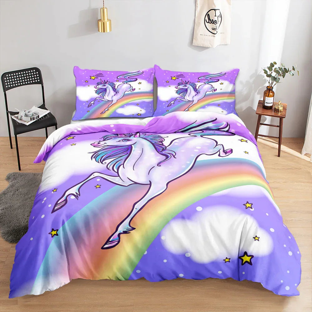 Unicorn and rainbow quilt cover set with purple sky, stars, and clouds for kids' bedroom bedding