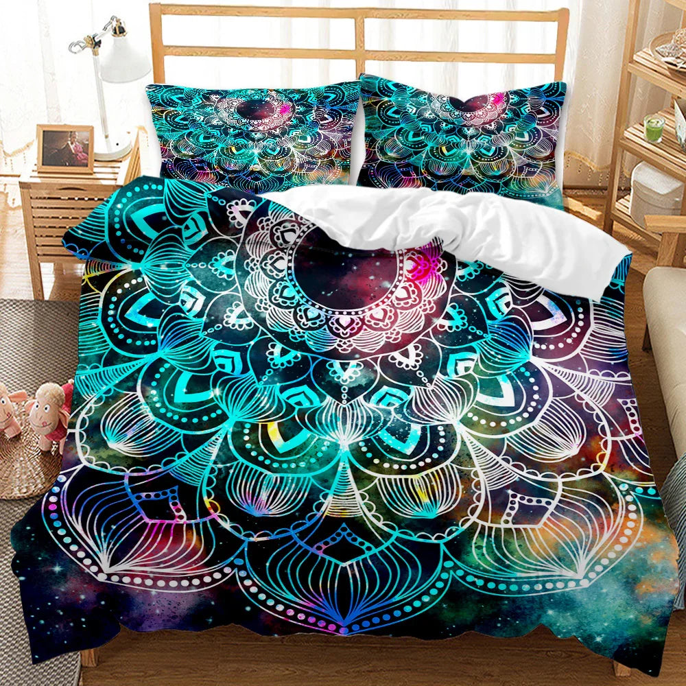 Vibrant galaxy mandala quilt cover set with matching pillowcases, stylish bedding for modern bedrooms