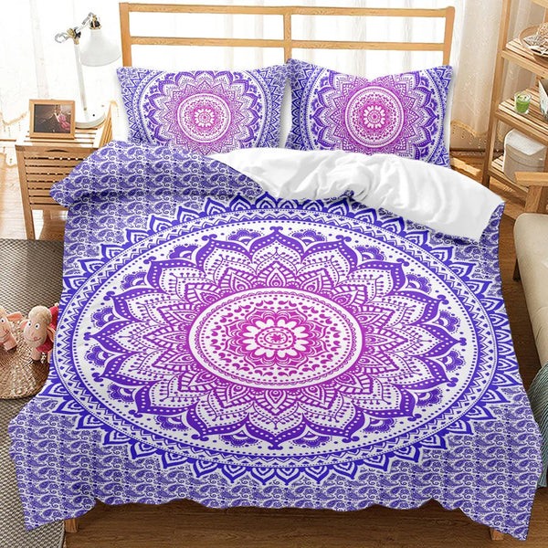 Purple and pink mandala quilt cover set with matching pillowcases on wooden bed