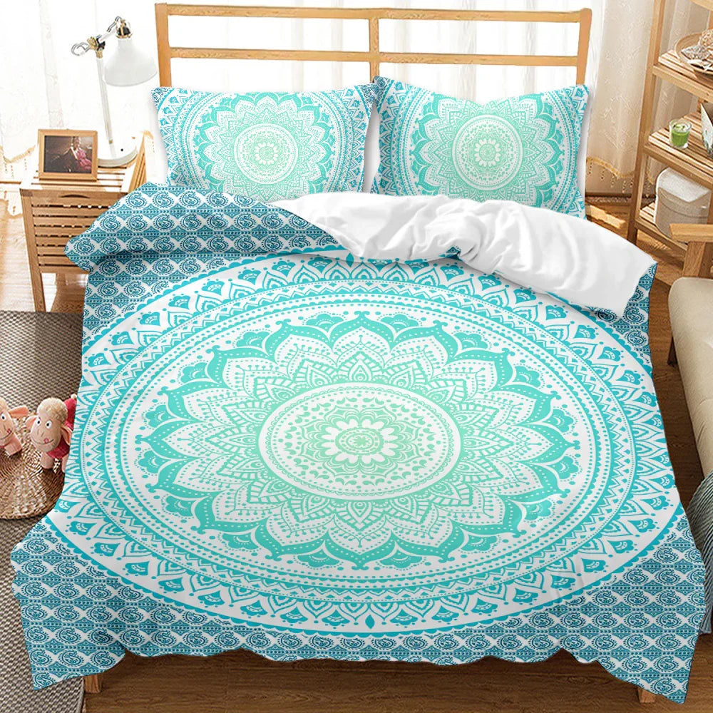 Turquoise mandala quilt cover set with matching pillowcases on wooden bed, boho bedroom decor