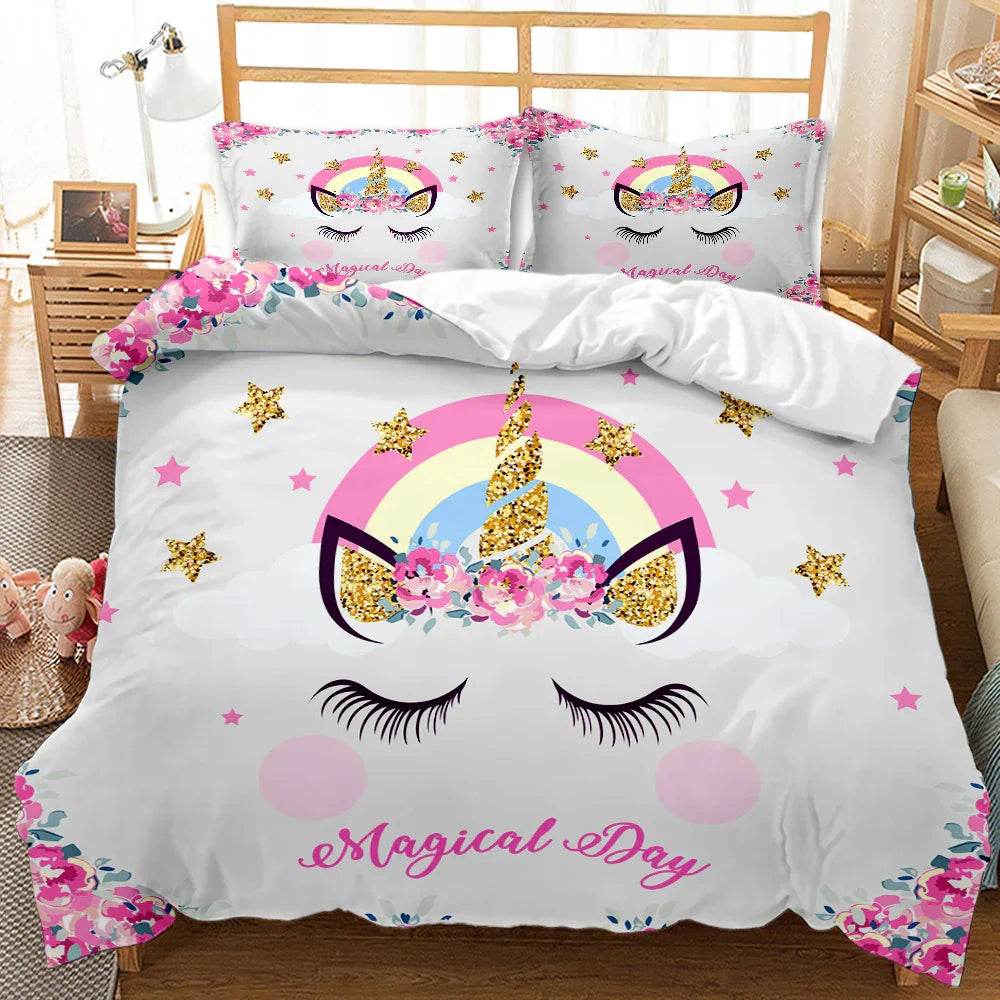 Unicorn rainbow quilt cover set with floral crown, glitter stars, and 'Magical Day' text on white bedding