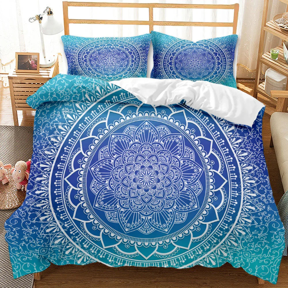 Blue mandala quilt cover set with matching pillowcases, boho bedroom decor