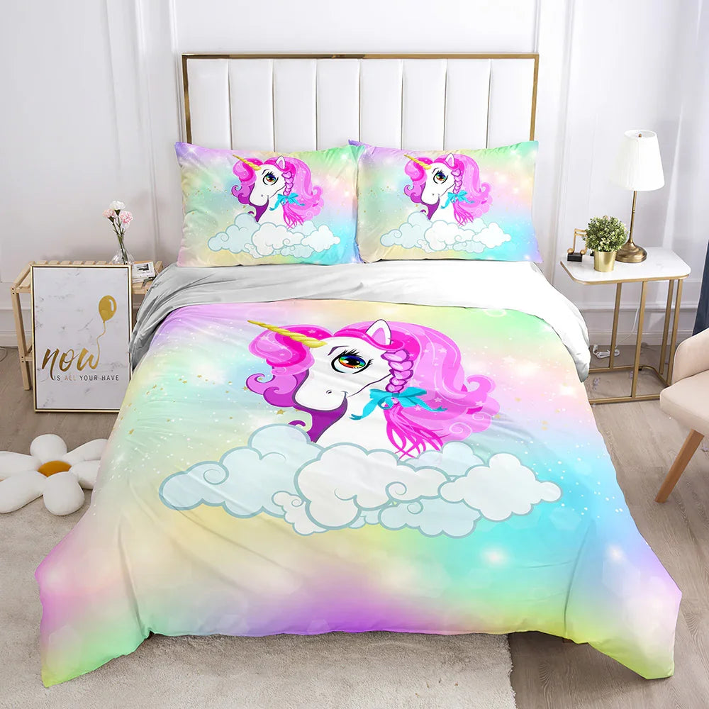 Unicorn quilt cover set with rainbow gradient and cloud design, perfect for kids' bedding