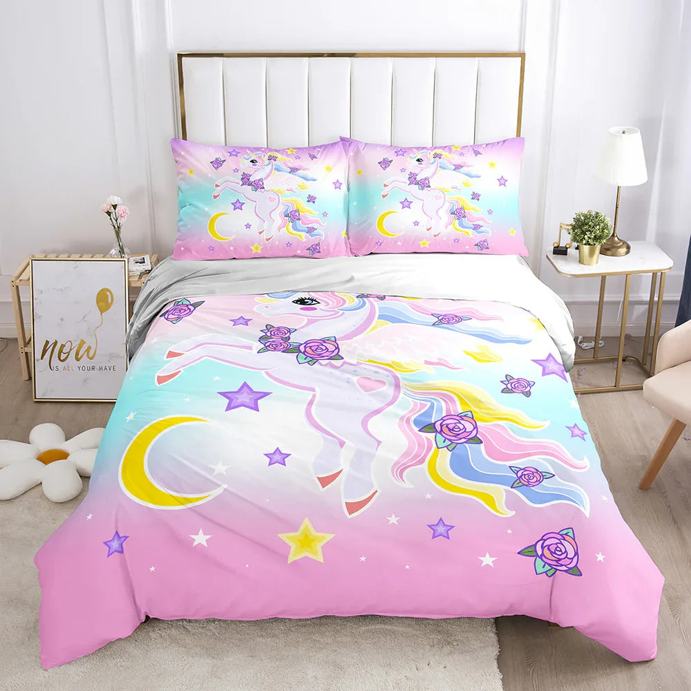 Unicorn quilt cover set with stars, moon & roses on pink ombre background, kids' bedding