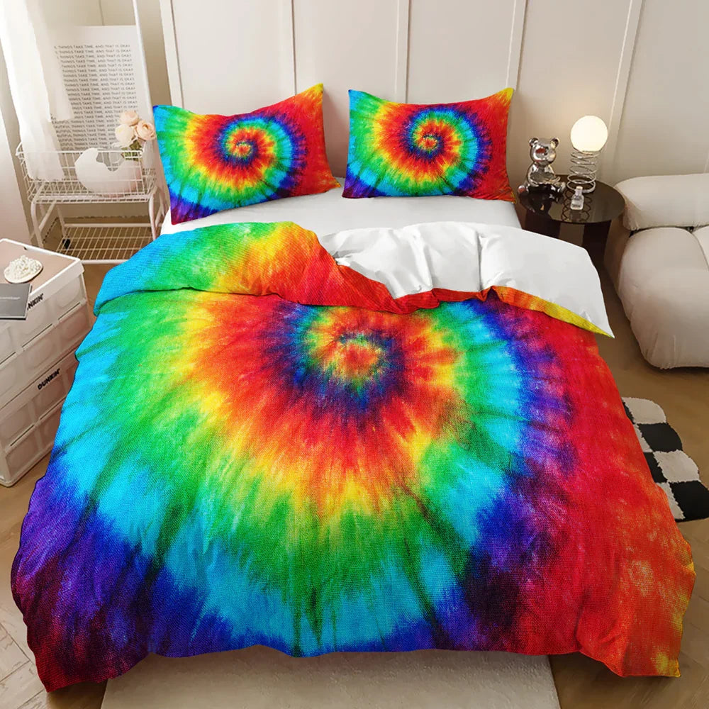 Vibrant rainbow tie-dye quilt cover set with matching pillowcases, stylish bedding for modern bedrooms