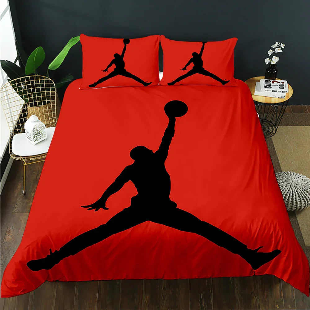 Red basketball-themed quilt cover set with black player silhouette, modern bedroom decor