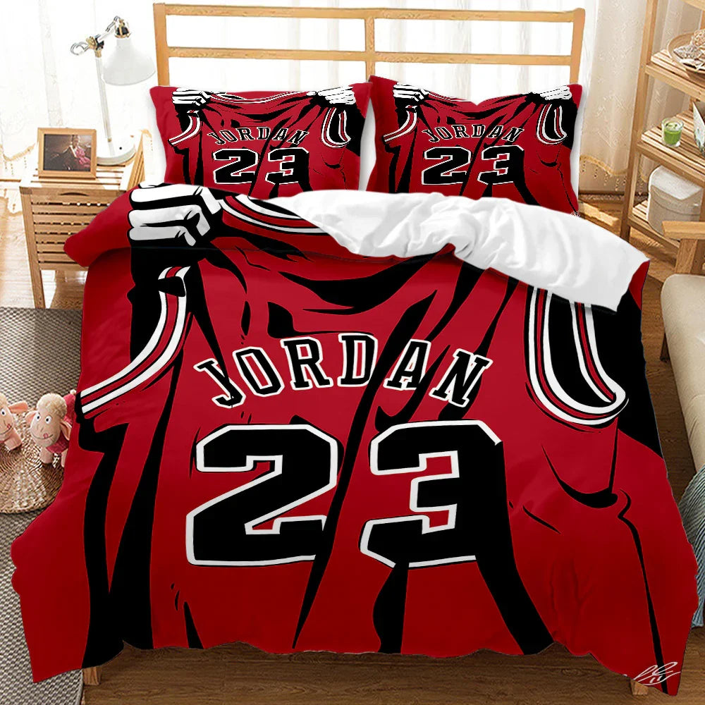 Red Jordan 23 basketball jersey print quilt cover set with matching pillowcases on wooden bed