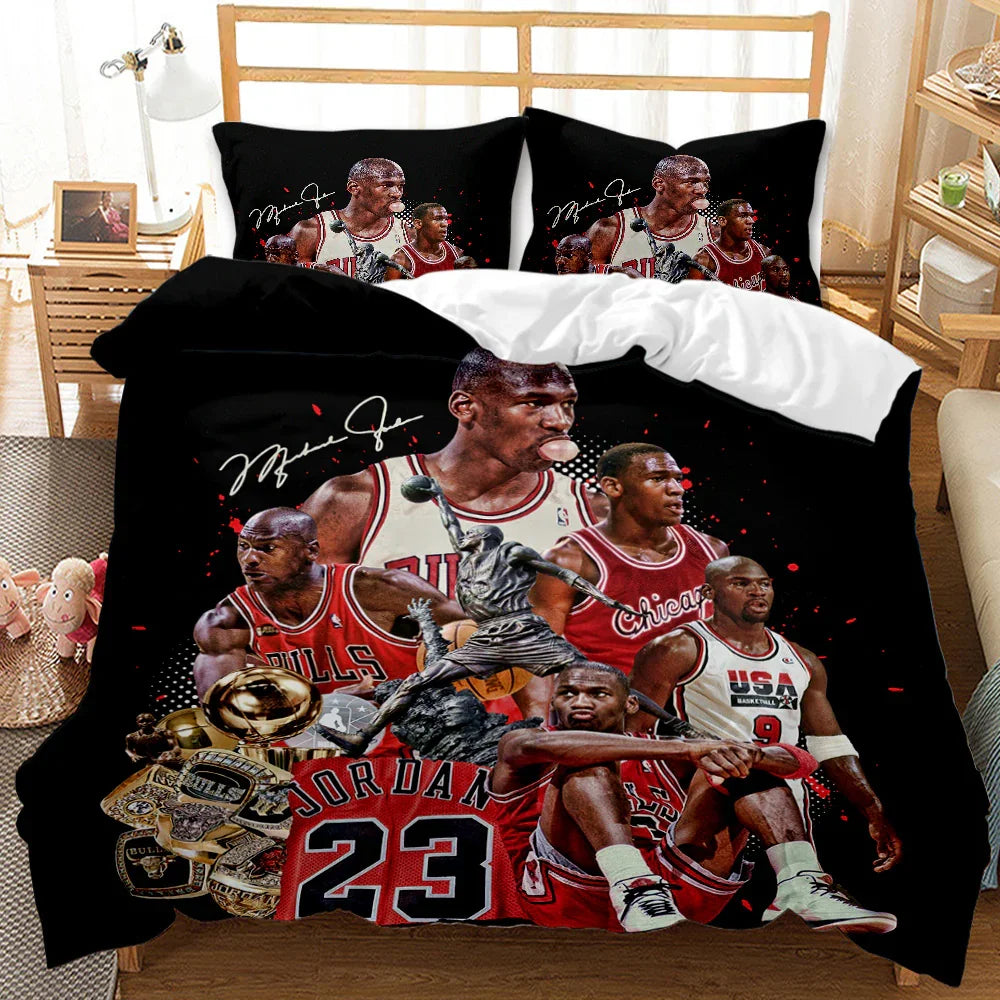 Michael Jordan 23 basketball quilt cover set with signature and trophy graphics on black background