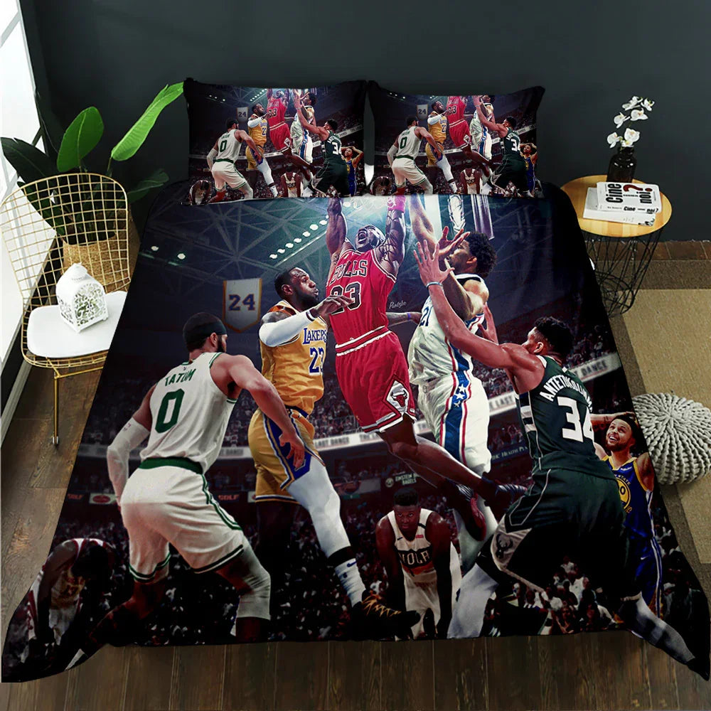 Basketball-themed quilt cover set with dynamic player action, perfect for sports fans' bedrooms