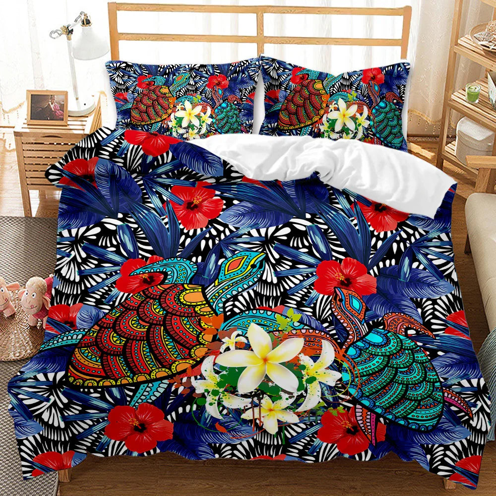 Vibrant tropical quilt cover set with peacock, hibiscus, and plumeria designs for stylish bedding