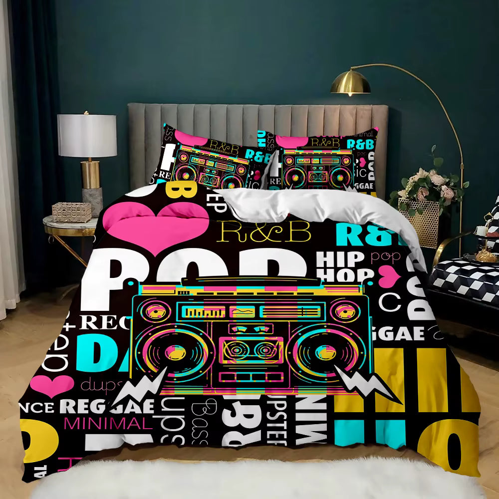 Boombox and music typography quilt cover set