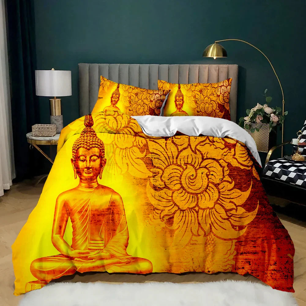 Buddha print quilt cover set with golden floral design, cozy bedroom bedding