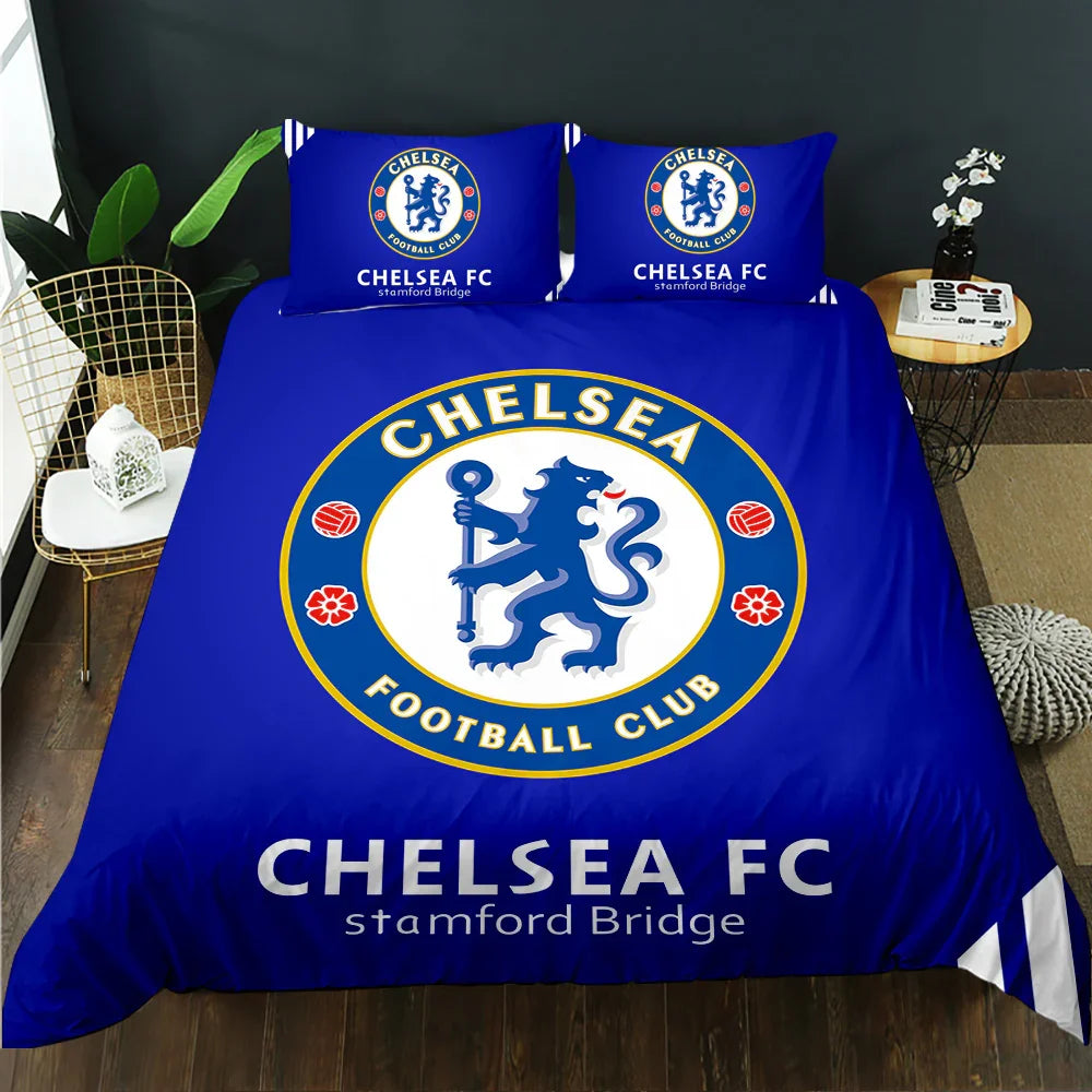 Chelsea FC football club quilt cover set with lion crest and Stamford Bridge text on royal blue bedding