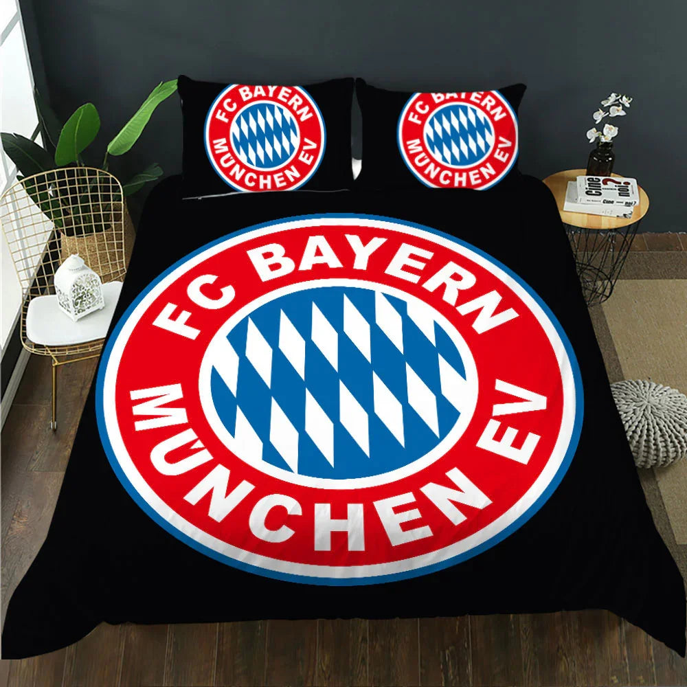 FC Bayern Munich EV logo bedding set with bold red, blue, and black design for soccer fans