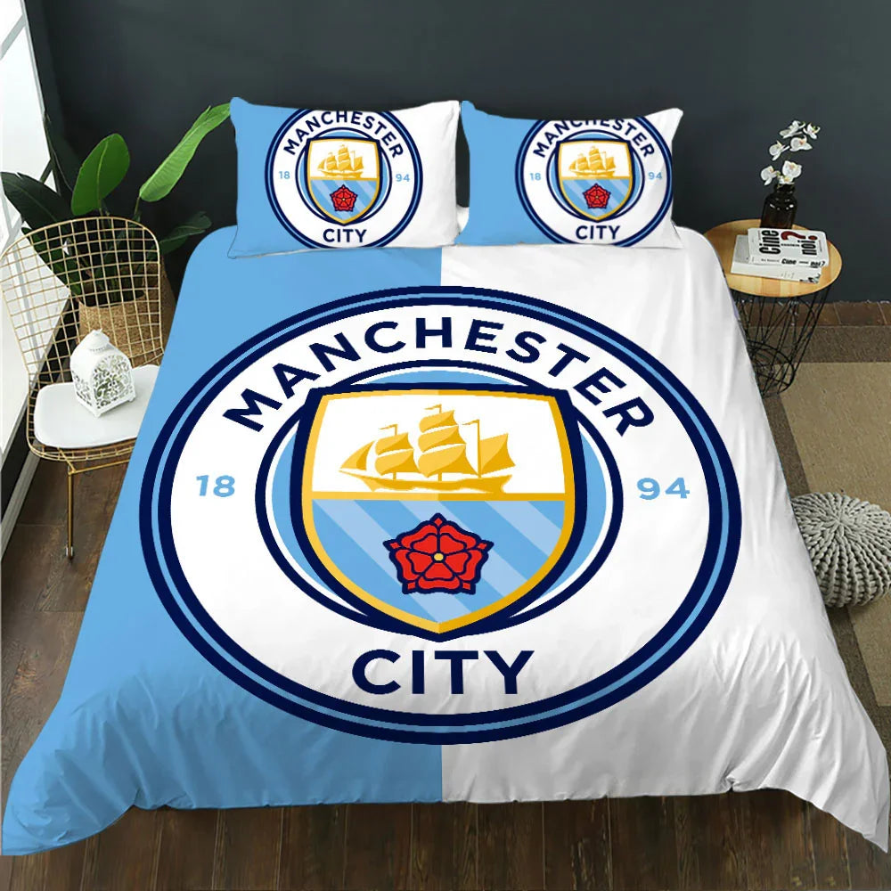 Manchester City FC quilt cover set with team crest on blue and white bedding, perfect for fans