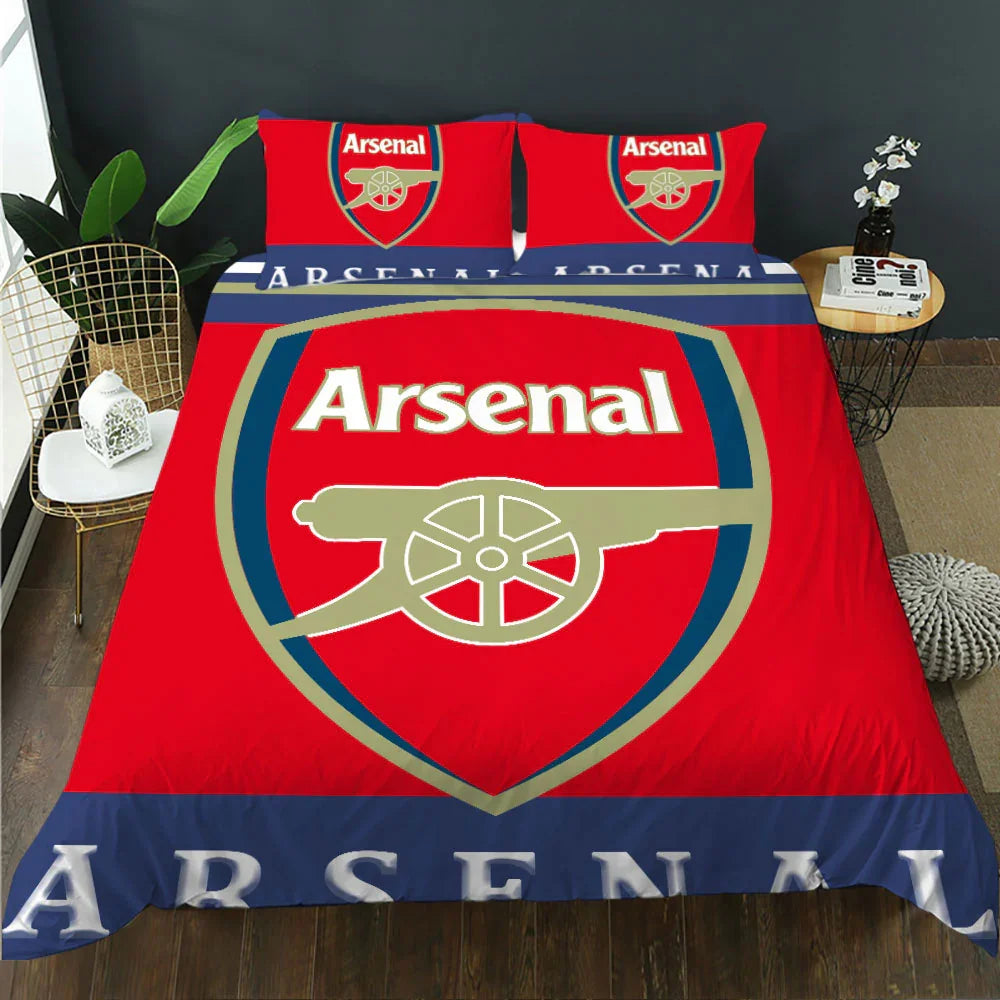Arsenal FC football club themed quilt cover set with bold red and blue design, featuring team crest and logo on bedding
