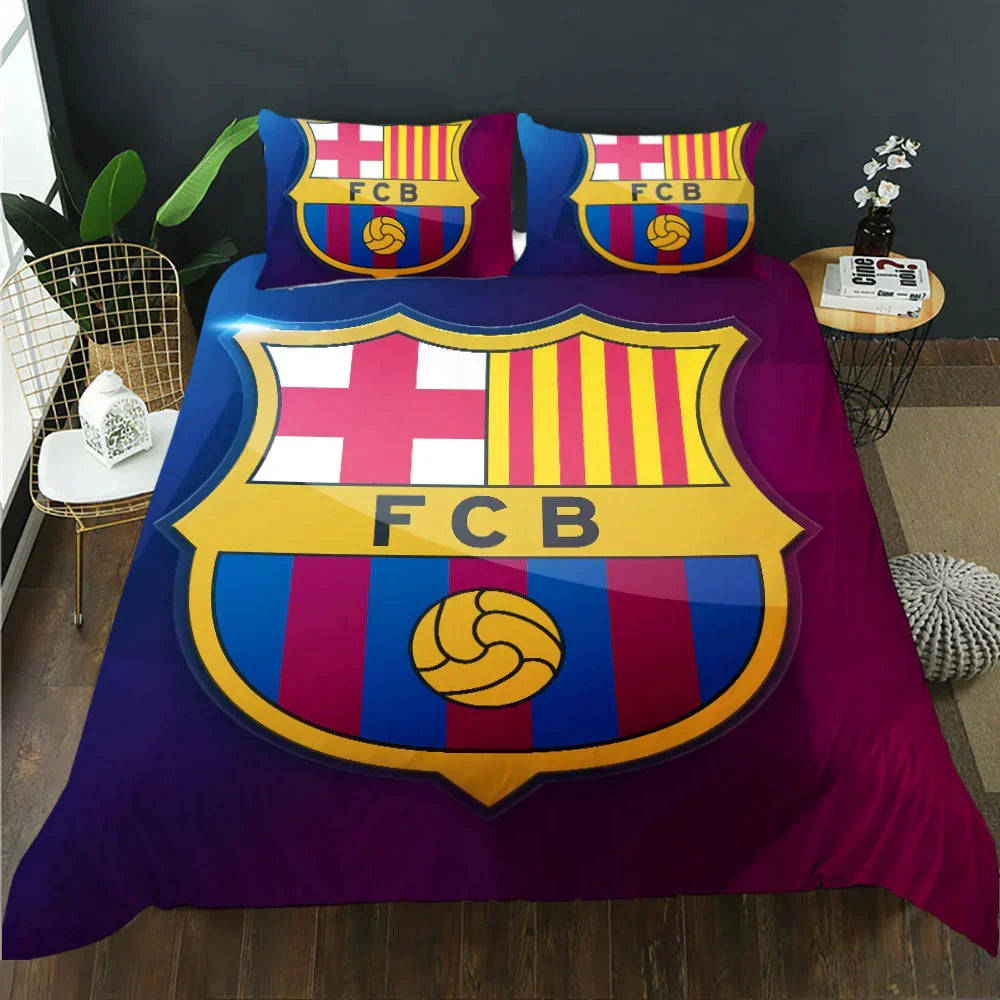 FCB soccer team crest duvet cover and pillowcases set for fans, featuring bold colors and logo design