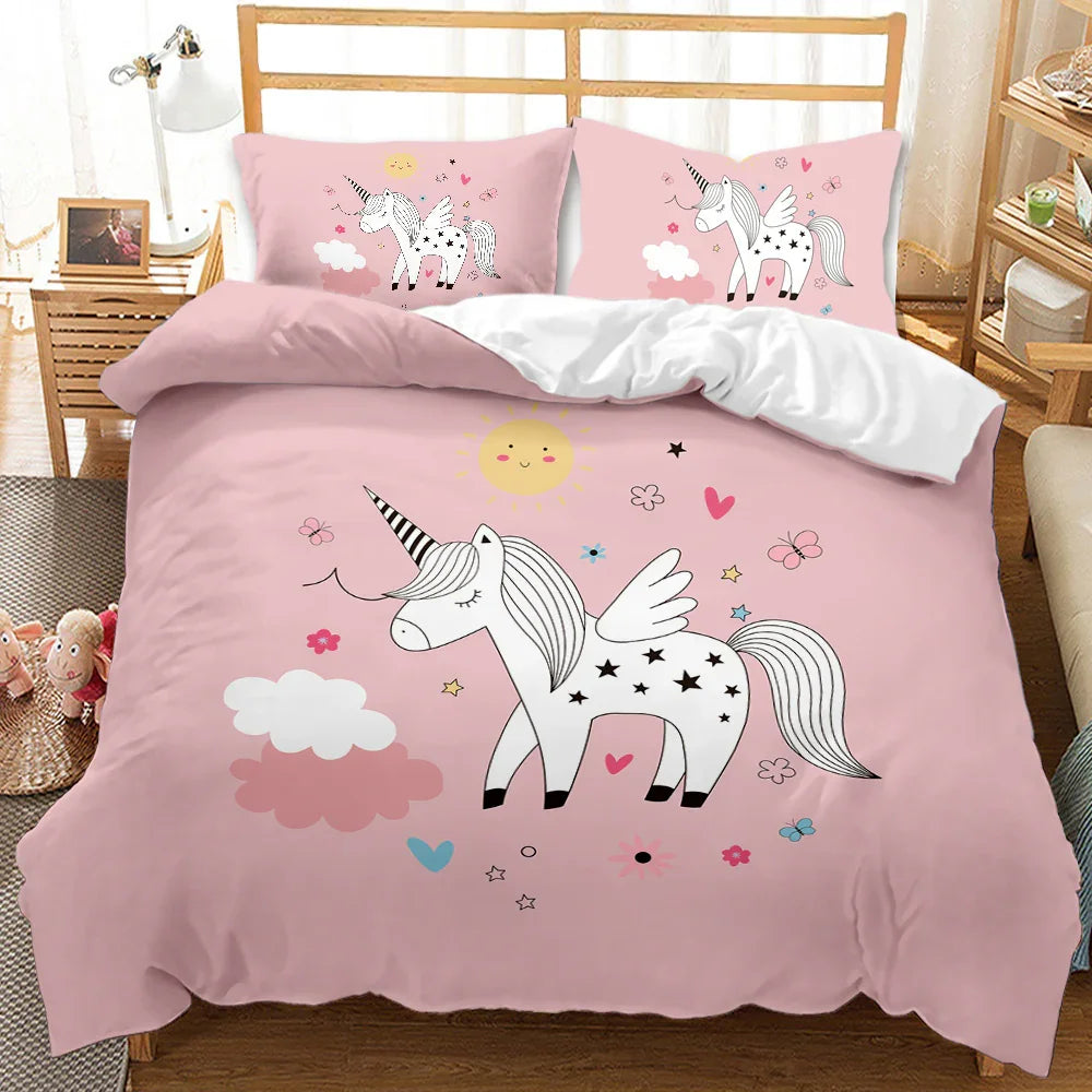 Pink unicorn quilt cover set with stars, hearts, and clouds for kids' bedding
