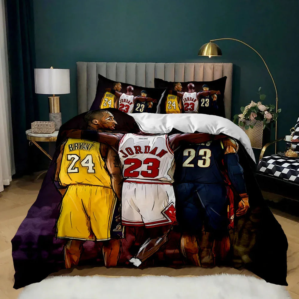 Basketball-themed quilt cover set featuring Bryant 24 and Jordan 23 jerseys, stylish bedding for sports fans