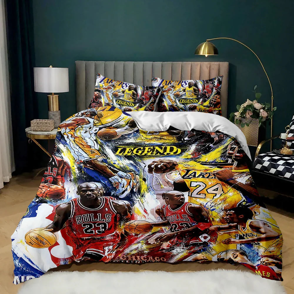 Basketball legend quilt cover set with vibrant player graphics, bold colors, and dynamic sports design for bedroom decor