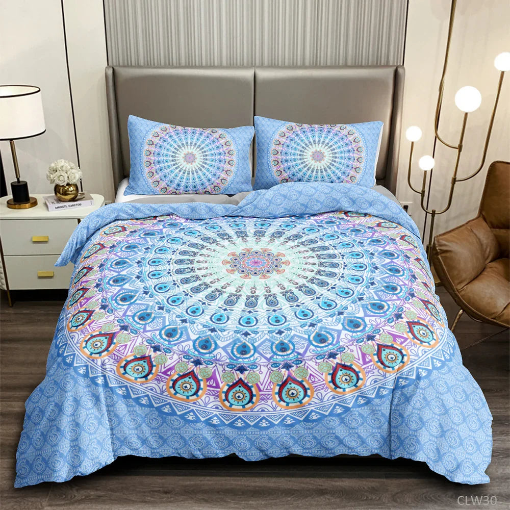 Blue mandala quilt cover set with matching pillowcases, featuring intricate boho patterns for stylish bedroom decor.