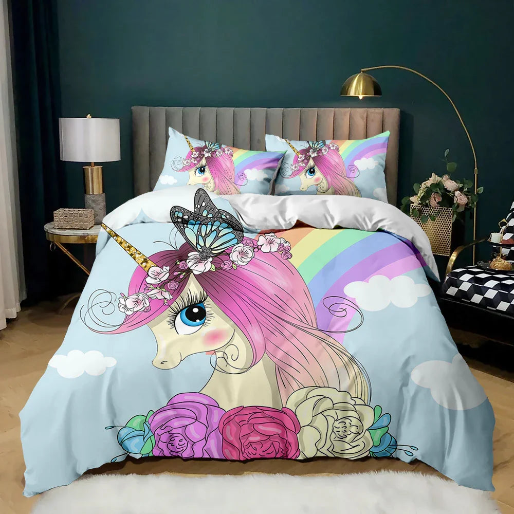 Unicorn quilt cover set with rainbow, flowers, and butterfly design for kids' bedroom bedding