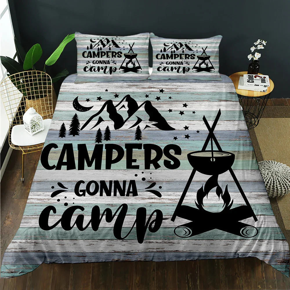 Camping-themed quilt cover set with 'Campers Gonna Camp' design, mountain and campfire graphics on rustic wood print