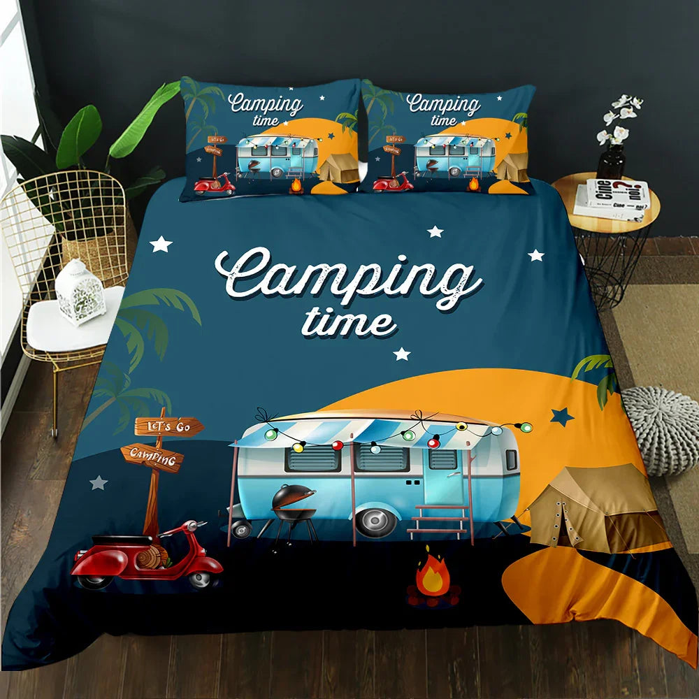 Camping time quilt cover set with vintage camper, tent, and scooter design on navy blue background