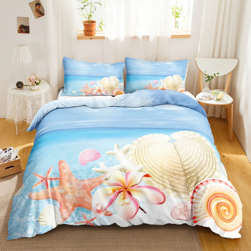 Beach-themed quilt cover set with seashells, starfish, and tropical flowers on blue ocean background