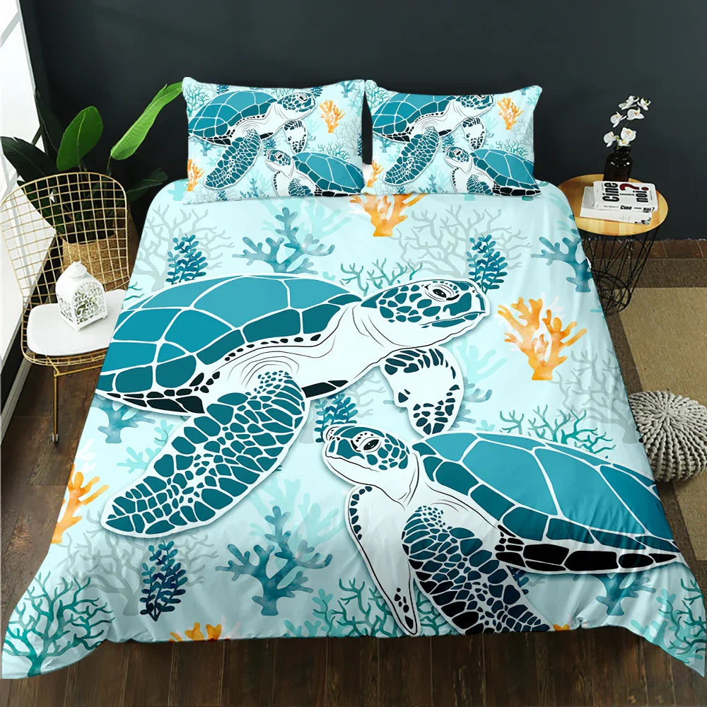 Sea turtle print quilt cover set with coral design, stylish bedding for ocean-themed bedrooms