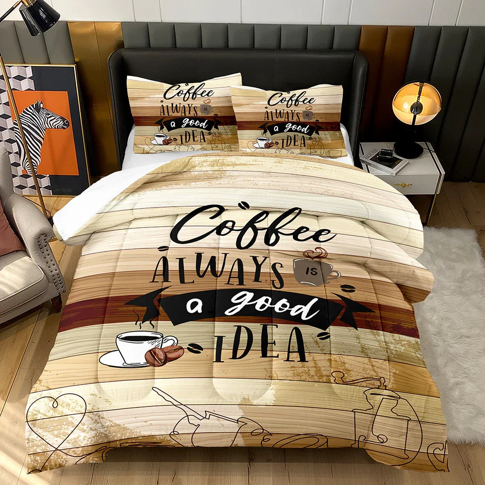 Coffee-themed quilt cover set with 'Coffee Always a Good Idea' print, wooden stripe design, and coffee cup graphics