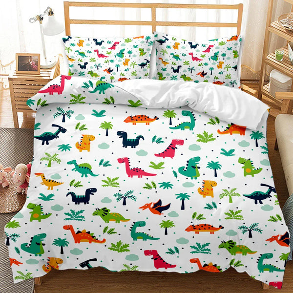 Colorful dinosaur print quilt cover set with palm trees on white, perfect for kids' bedroom bedding