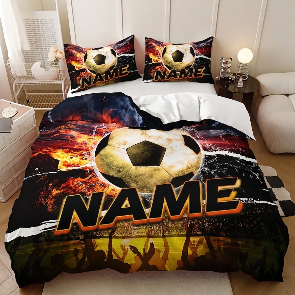 Custom flame soccer stadium quilt cover set with personalised name