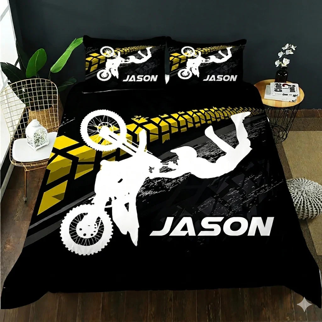 Personalized motocross quilt cover set with name Jason, bold black and yellow design for kids' bedroom