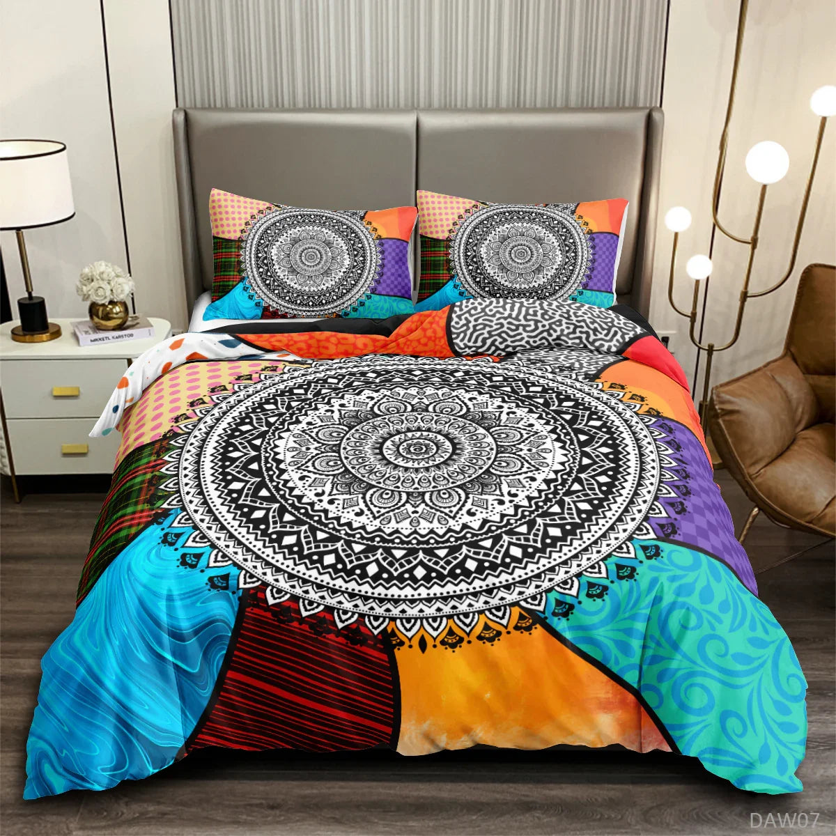 Vibrant mandala quilt cover set with colorful geometric patterns for stylish bedding