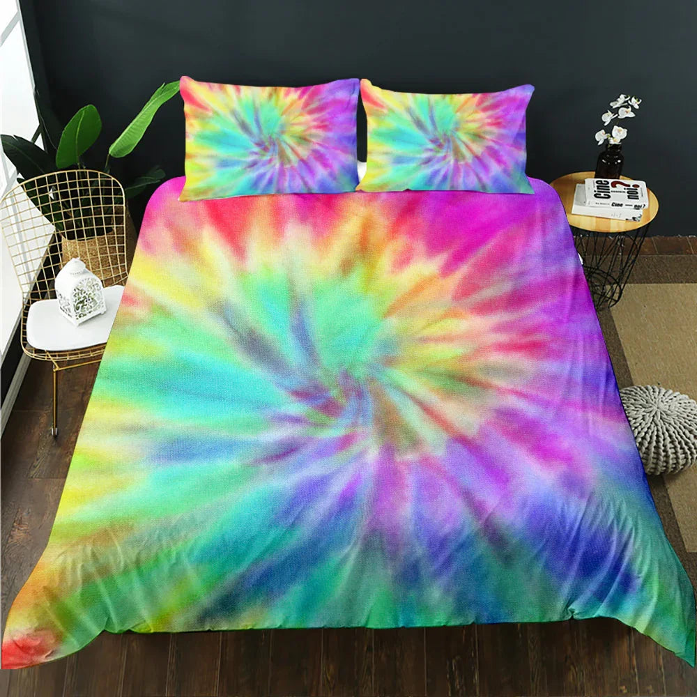 Vibrant tie-dye quilt cover set with rainbow spiral pattern, matching pillowcases, modern bedroom decor
