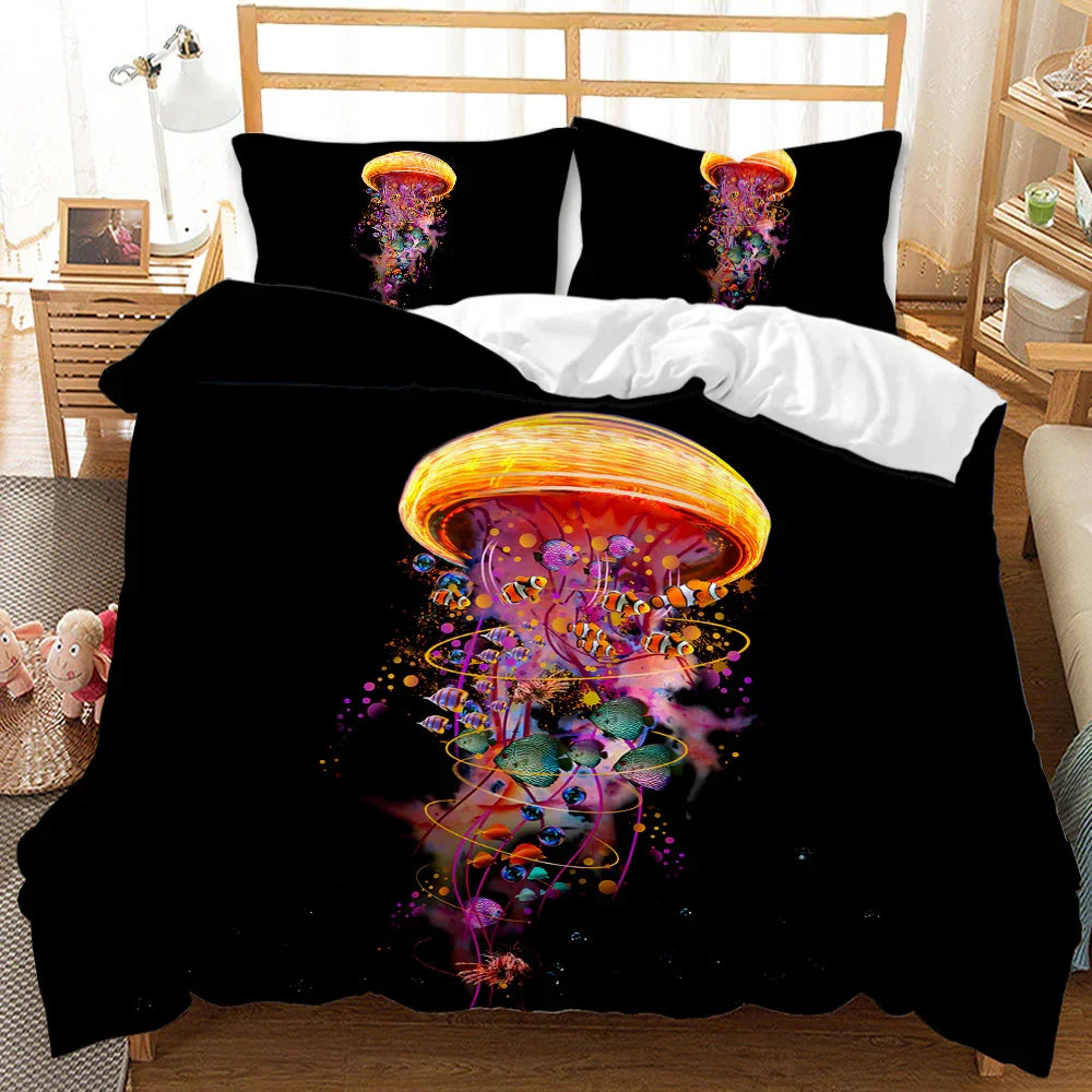 Vibrant jellyfish and fish design on black quilt cover set, stylish bedding with colorful marine art