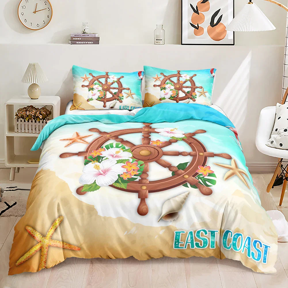 East Coast themed quilt cover set with ship wheel, starfish, and tropical flowers