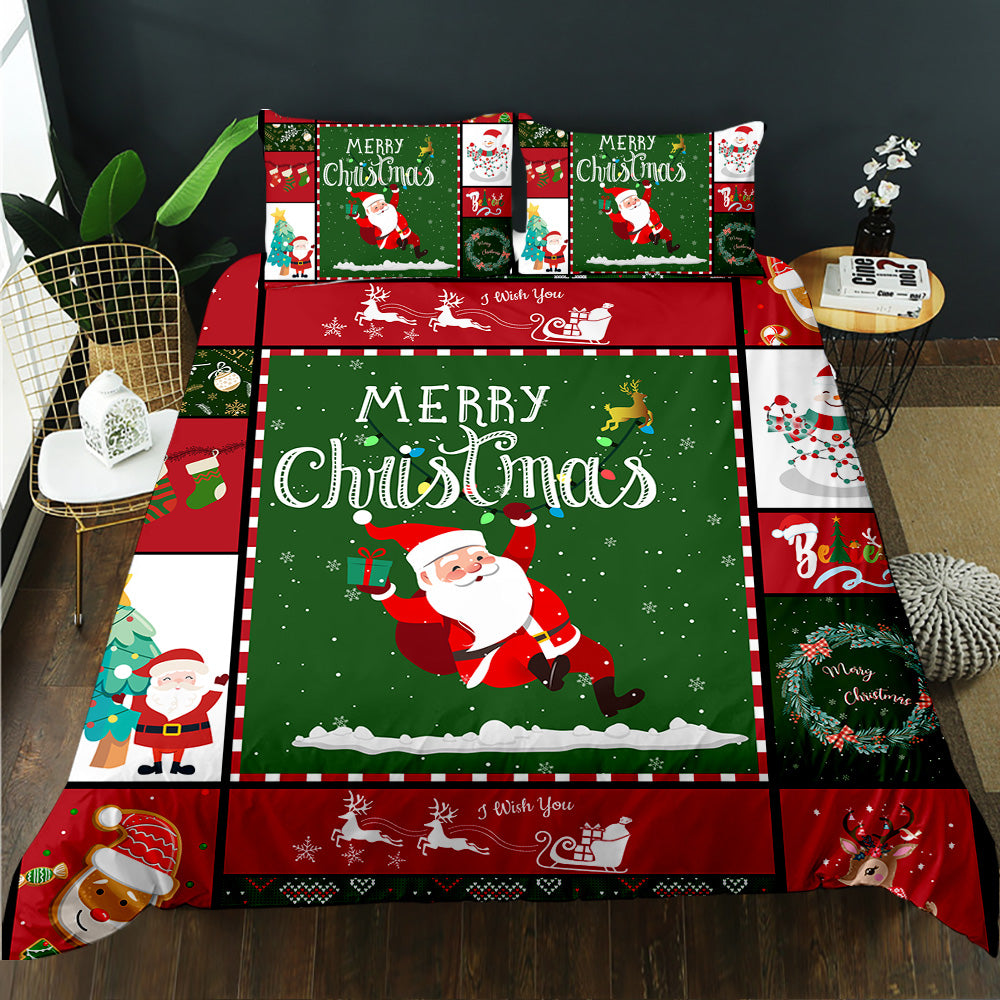 Red and green patchwork Santa Christmas quilt cover set with flying reindeer