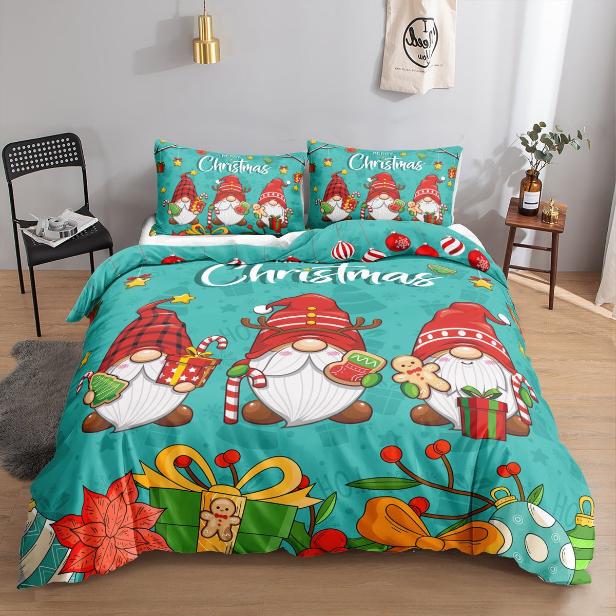 Modern festive Christmas quilt cover set with a playful holiday design