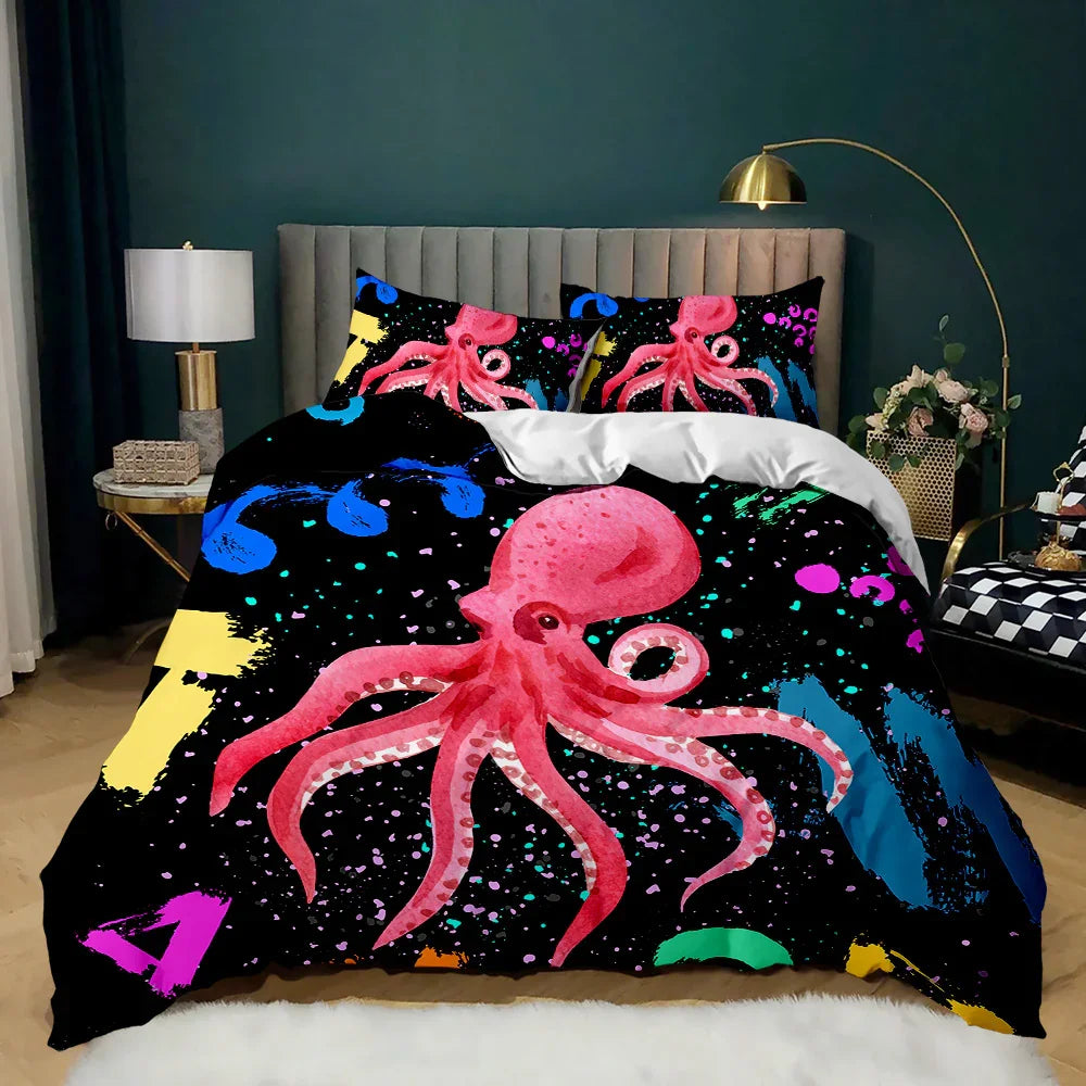 Vibrant pink octopus print quilt cover set with colorful abstract splashes on black background