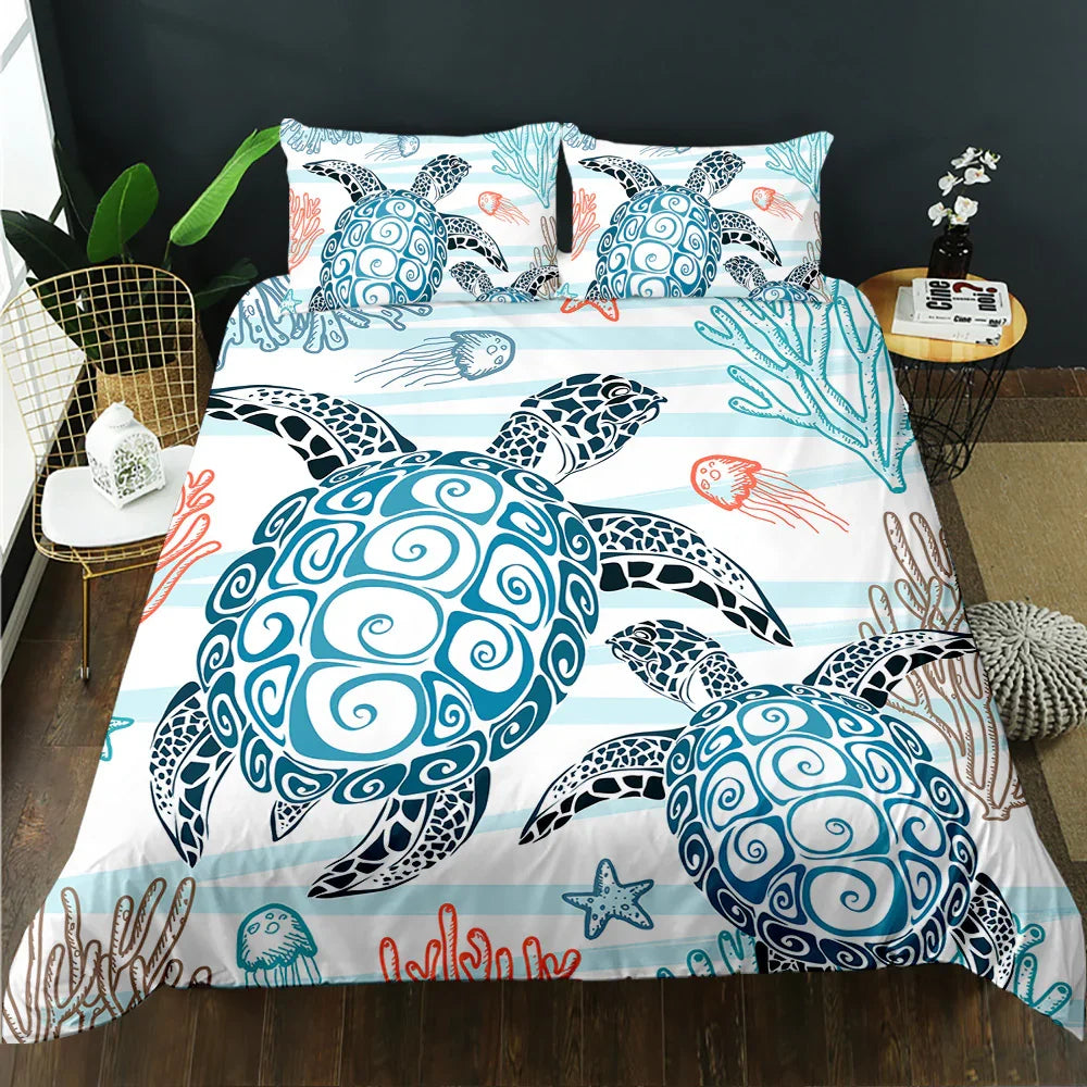 Ocean-themed quilt cover set with blue sea turtles, jellyfish, and coral on striped background