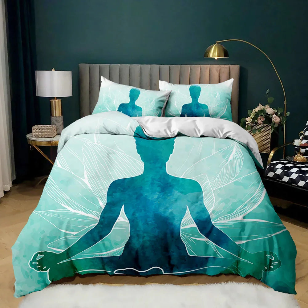 Teal meditation silhouette quilt cover set with leaf patterns, modern bedroom bedding
