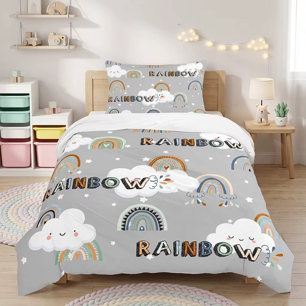 Kids boho grey rainbow quilt cover set