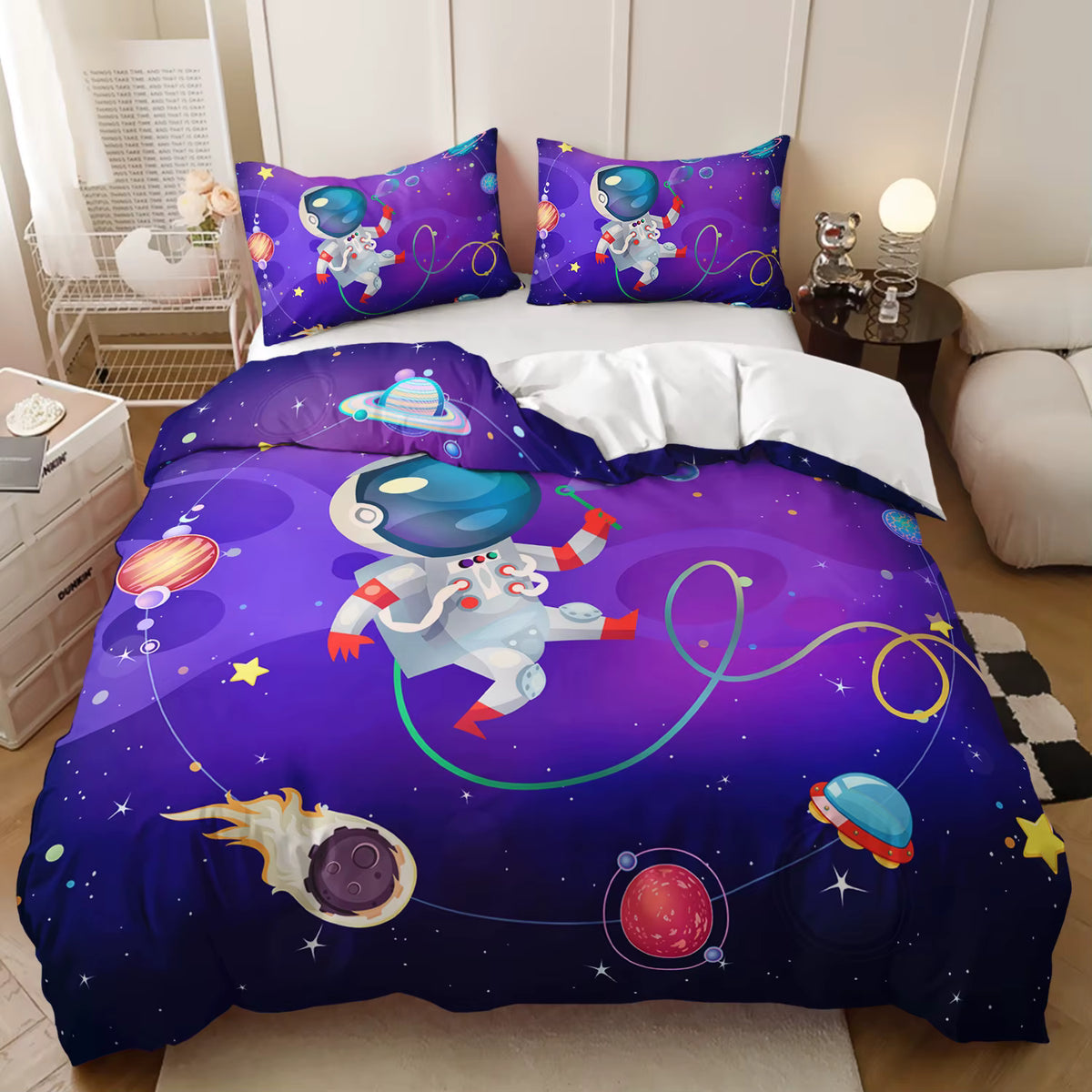Kids cute astronaut purple galaxy doona cover set