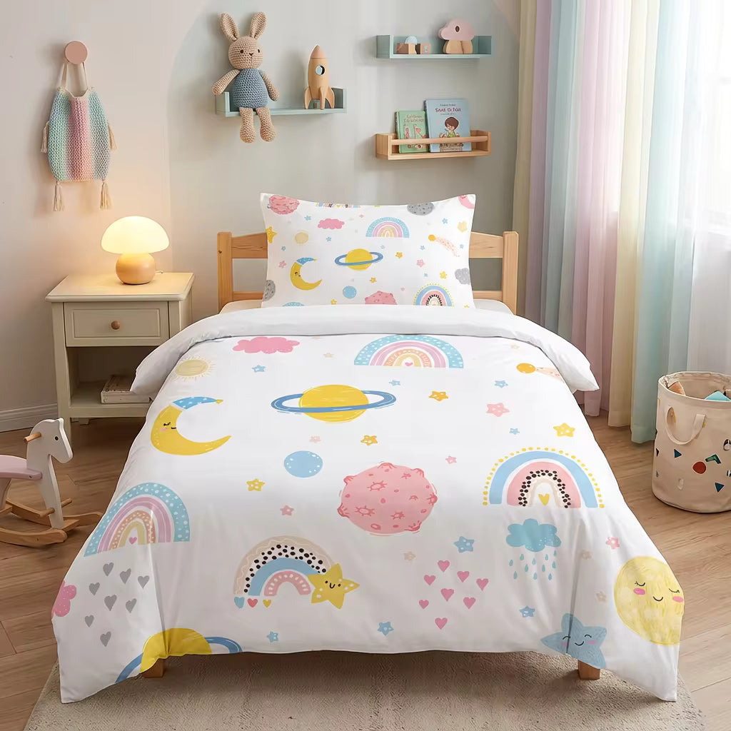 Kids whimsical space rainbow quilt cover set