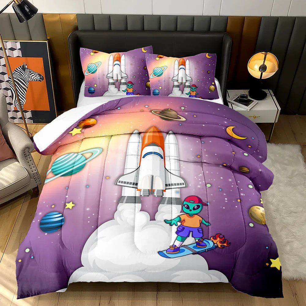 Space-themed quilt cover set with rocket, alien, and planets on purple background, kids' bedding