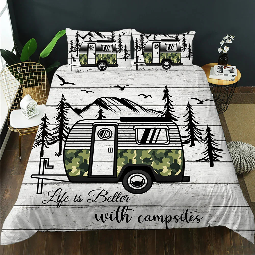 Camouflage camper van quilt cover set with mountain forest design, 'Life is Better with campsites' text