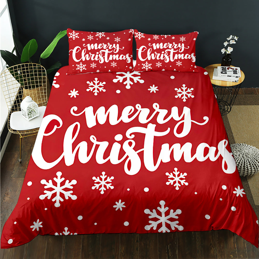 Red Christmas quilt cover set with white Merry Christmas script and snowflakes
