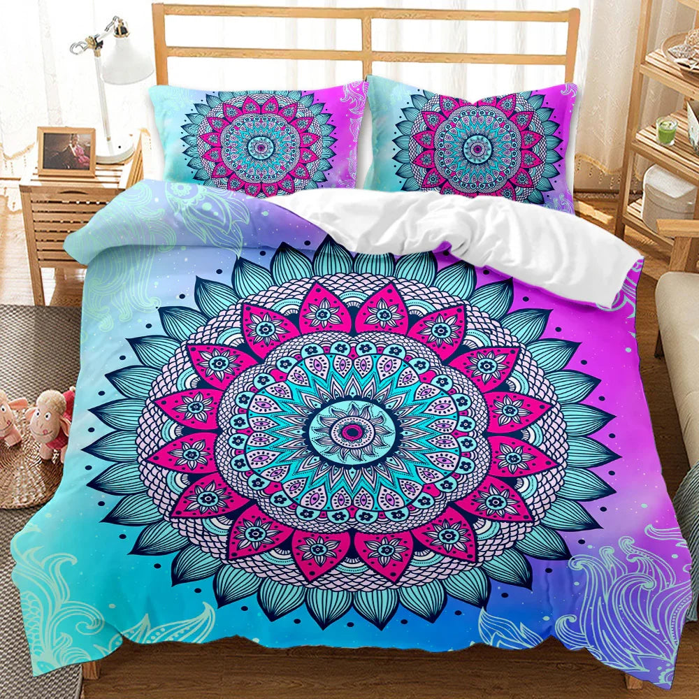 Vibrant mandala quilt cover set with pink, teal, and purple boho design for stylish bedroom bedding